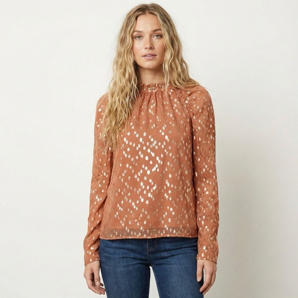 Marie Oliver Layla Blouse XS Orange Gold Metallic Silk Floral High Neck NWT